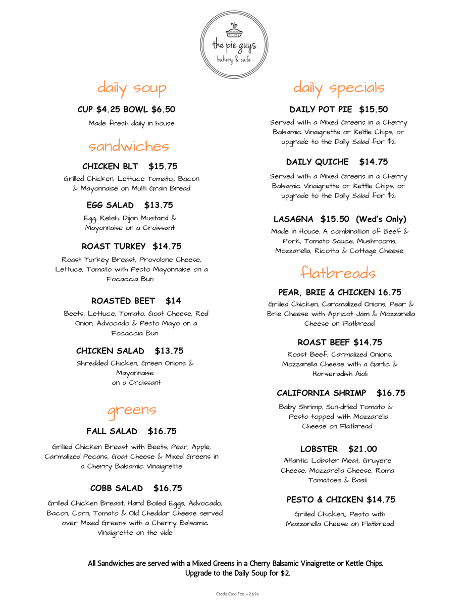 Lunch Menu The Pie Guys Bakery & Cafe