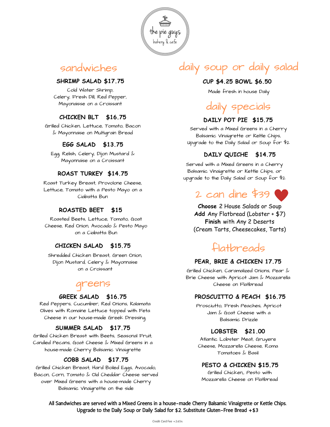 Lunch Menu The Pie Guys Bakery & Cafe